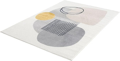 Abani Rugs Cream and Gray 8 ft. x 10 ft.(7'9"x10'2") Mid-Century Rug with Circles and Lines. Neutral Tones of Cream, Gray and a pop of Yellow. Minimalistic Design Turkish Stain Resistant Area Rug.