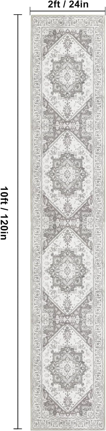XWZO Runner Rug 2x10ft for Long Hallways, Washable Non-Slip Low Pile Area Rug with Rubber Backing, Spill Resistant Soft Vintage Floor Carpet for Kitchen Entryway Stair Landing Living Room, Grey