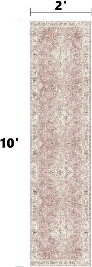 Washable Hallways Runner Rugs 2x10 Non-Slip Hallway Runners for Entrance Bedroom Low Pile Vintage Runners Pink