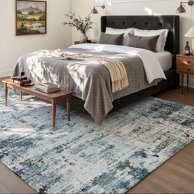 Area Rug 5x7 Washable Rug Blue for Living Room, Dining Room, Bedroom, Large Carpets, Non Slip & Non-Shedding Low Pile Vintage Print Rug for Home Office Decor