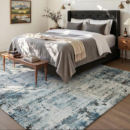 Area Rug 6x9 Washable Rug Blue for Living Room, Dining Room, Bedroom, Large Carpets, Non Slip & Non-Shedding Low Pile Vintage Print Rug for Home Office Decor