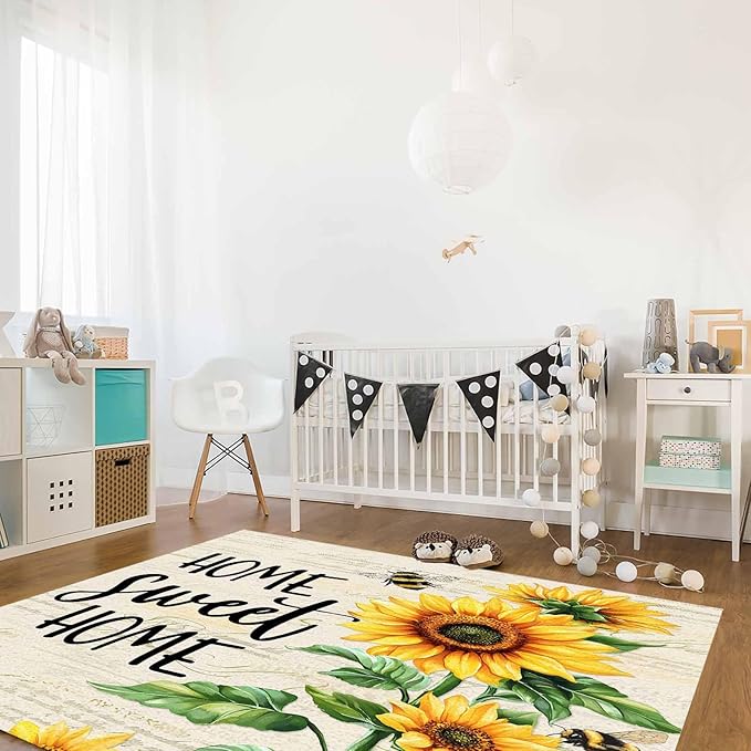 Summer Sunflowers Rectangular Area Rugs for Living Room Bedroom 5 x 8 ft Rustic Floral Bees Green Leaves Non-Shedding Soft Low Pile Rug Non Slip Washable Rug for Nursery Entryway Playroom