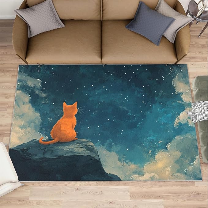 Orange Cat Rugs for Bedroom - 6x8 Area Rug - Cartoon Starry Sky Rugs for Living Room, 3D Cute Cat Rug, Non-Slip Washable Home Decor Carpet