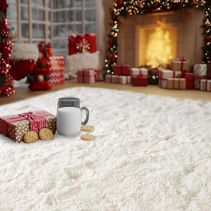 Cream White Plush Rug for Living Room Fuzzy Carpet for Bedroom Dorm, Non-Slip High Pile Rug, Shag Rug for Playroom Nursery Home Office Decor 4X6 Ft