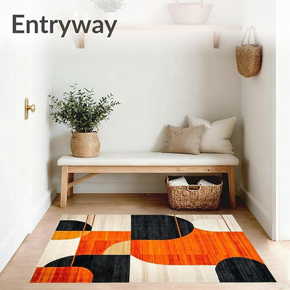 Flatwoven High Traffic Area Rug 5x7, Copper Black Orange Geometric Abstract Design, Non Slip, Stain Resistant, Washable Area Rugs for Living Room, Bedroom (Orange, 5x7)