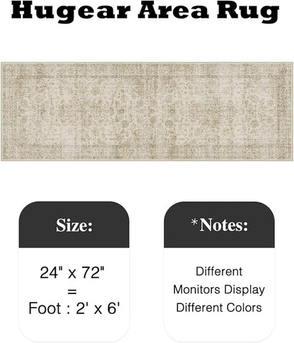 HUGEAR 2x6 Runner Rug Hallway Machine Washable Retro Beige Vintage Floral Low Pile Carpet Distressed Long Throw Rug Bedroom Office Bathroom Kitchen Laundry Non Slip Soft Lightweight