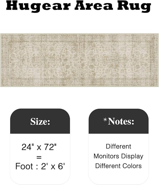 HUGEAR 2x6 Runner Rug Hallway Machine Washable Retro Beige Vintage Floral Low Pile Carpet Distressed Long Throw Rug Bedroom Office Bathroom Kitchen Laundry Non Slip Soft Lightweight