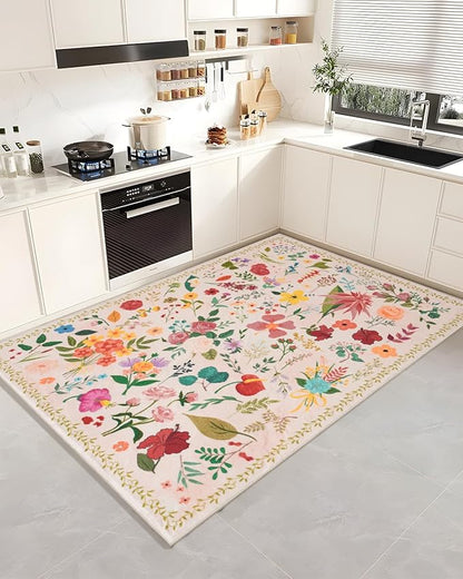 Boho Washable Area Rug 5x7 – Floral Low Pile Non-Slip Carpet for Living Room, Bedroom, Office, Playroom, Entryway, Kitchen, Dining Room (Beige)