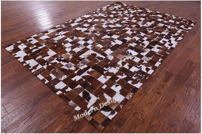 Modern Design Premium Cowhide Leather Carpet with Chevron Pattern, Area Rug (Brwon/White, 9x12)