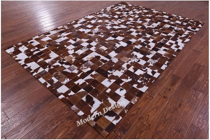 Modern Design Premium Cowhide Leather Carpet with Chevron Pattern, Area Rug (Brwon/White, 9x15)