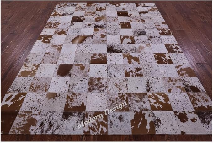Modern Design Premium Cowhide Leather Carpet with Chevron Pattern, Area Rug (White/Brown, 3x10)