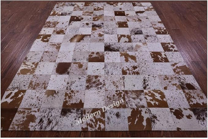 Modern Design Premium Cowhide Leather Carpet with Chevron Pattern, Area Rug (White/Brown, 3x10)