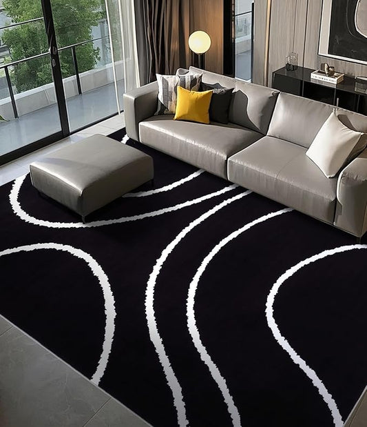 YIHOUSE Black Modern Area Rugs 8x10,Large Black and White Rugs for Living Room,Wave Washable Rug 8x10,Thin Abstract Geometric Rug,Minimalist Striped Rugs for Bedroom,Office