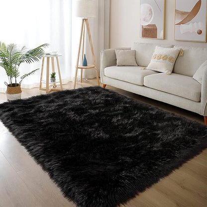 Latepis Black Fluffy Small Fur 3x4 Area Rug for Bedroom Bedside Washable Rugs Fuzzy Shaggy Rug for Living Room Soft Boho Rugs Luxury Home Decor