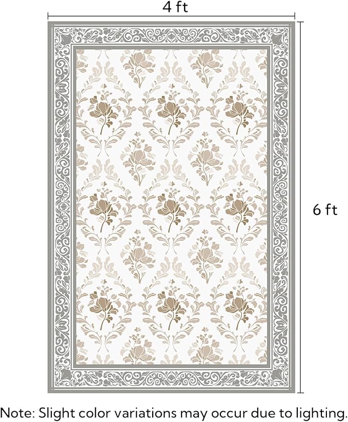 SOULFUL Medium Pile 4x6 Rugs for Living Room - Soft Underfoot Area Rug - Light Taupe Boho Floral - Washable Non-Slip - Perfect for Bedroom Kids Room Under Dining Table Office