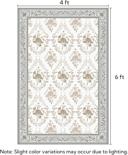 SOULFUL Medium Pile 4x6 Rugs for Living Room - Soft Underfoot Area Rug - Light Taupe Boho Floral - Washable Non-Slip - Perfect for Bedroom Kids Room Under Dining Table Office