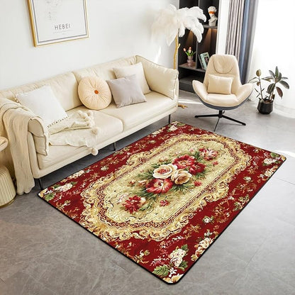 Elegant Red Floral 3 x 5 Area Rug Gold Geometric Rugs for Living Room | Bohemian Nordic Floral Washable Rug, Antique Decor Victorian Damask Carpet Indoor Floor Mat