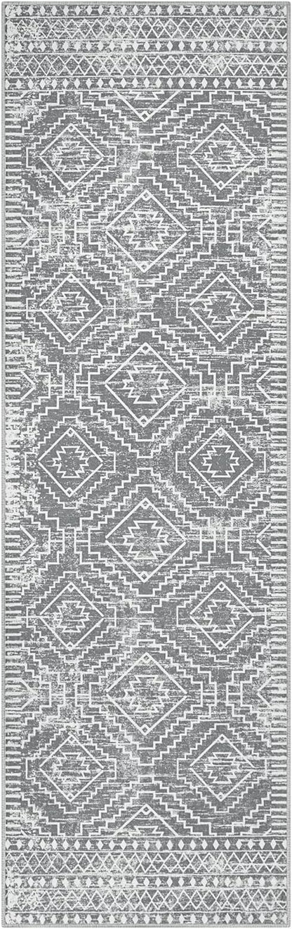 Wonnitar Moroccan 2'6"x8' Washable Kitchen Runner Rug with Rubber Backing, Non-Slip Grey Rug Runner for Hallway, Thin Farmhouse Geometric Carpet Runner for Bedroom Entryway (Silver Grey,2'6"x8')