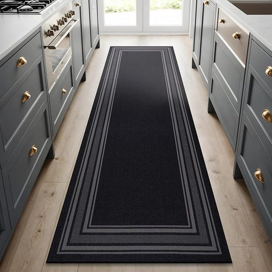 Beverly Rug Non Slip Area Rugs 2x7 Modern Bordered Non Skid Rubber Backing Soft Runner Rug for Living Dining Room Easy to Clean Non Shedding Kitchen Bedroom Indoor Carpet 2 x 7 Black