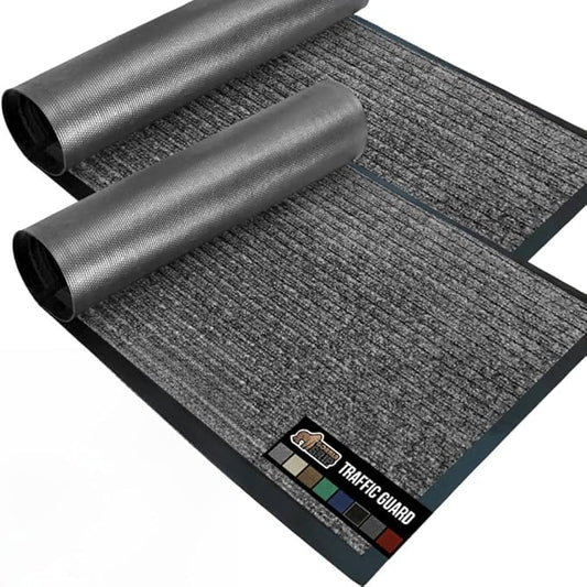GORILLA GRIP Waterproof Traffic Guard Door Mat, 2 Pack Heavy Duty Entryway Mats, Strong Rubber Back Commercial Rugs for Office Hallway, Garage Floor and Home, Low Profile Carpet, 35x23, Light Gray