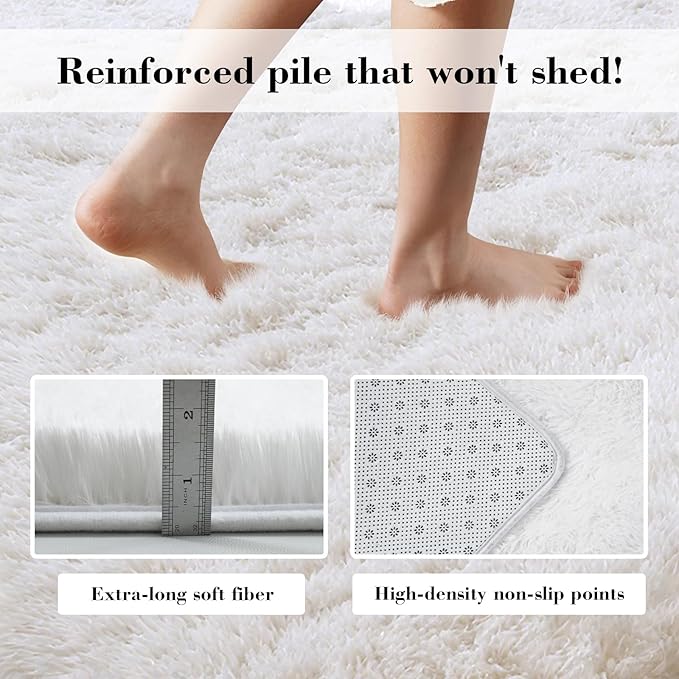 Soft Runner Rugs for Bedroom, White 3x7 Area Rugs Fluffy Rug Shaggy Area Rug Carpet, Bedside Rug for Living Room Bedroom Kids Room Home Decor