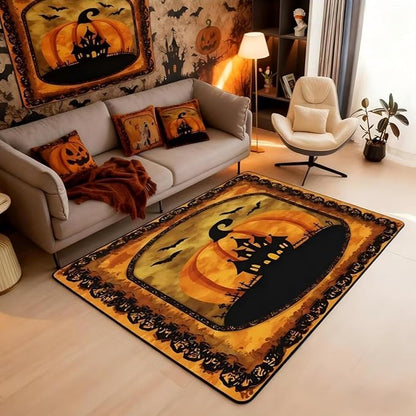 Halloween Pumpkin 3 x 5 Area Rug Spooky Haunted House Rugs for Living Room | Vintage Gothic Washable Rug, Castle Silhouette Carpet Indoor Floor Mat,Bats Halloween Decoration