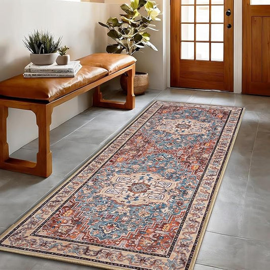 Runner Rug 2×6, Machine Washable Non-Slip Vintage Area Rug, Low Pile, Indoor Carpet Printed Floral Rugs for Living Room, Entryway, Kitchen, Bedroom, Rust Brown