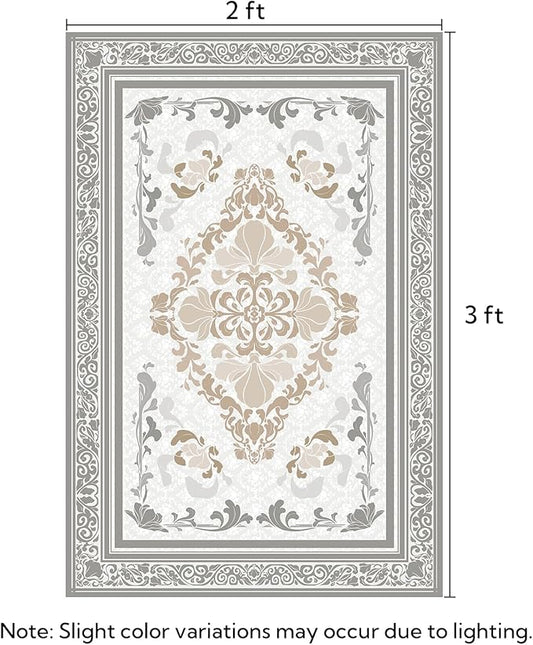 SOULFUL Medium Pile 2x3 Entryway Rug - Soft Foot Feel Small Area Rug - Light Taupe Boho Floral - Washable Non-Slip - Perfect for Hallway Kitchen Bedroom Bathroom Indoor Entrance