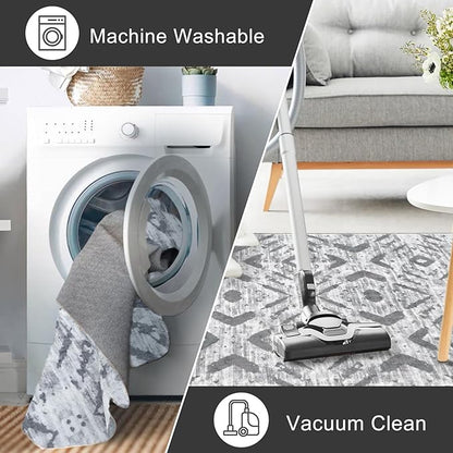 KILOCOCO Boho Entryway Rug 2x3 Printed Small Area Rug Indoor Door Mat Machine Washable Kitchen Rugs Super Soft Non Slip Throw Rugs for Bedroom Entrance Geometric Laundry Room, Gray/White