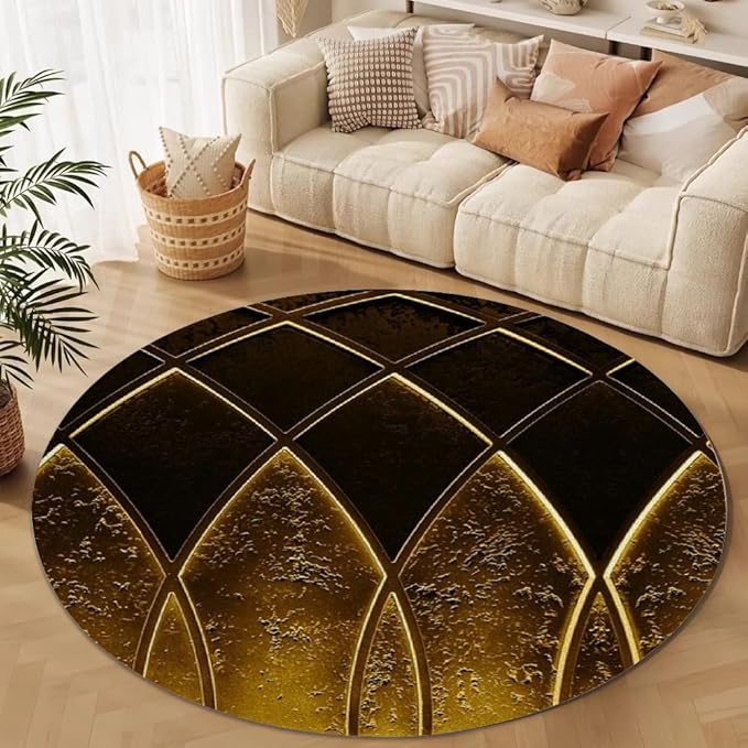 Luxury Black Gold Round Rug Vintage Golden Texture Living Room Circle Area Rugs 5ft Washable Soft Non Slip Low Pile Indoor Floor Carpet for Bedroom Office Kitchen Coffee Table