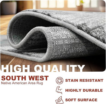 YHSF South West Native American Rug Ritz – Native Tribal American Indian Inspired Rug - Living Room, Bedroom, Hallway, Entryway & High-Traffic Area Rugs - Washable - Soft - Steel, 5 Feet x 7 Feet