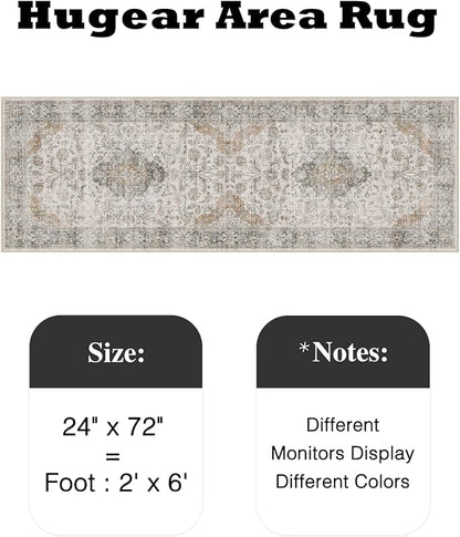 HUGEAR 2x6 Runner Rug Hallway Machine Washable Retro Taupe Green Vintage Floral Low Pile Carpet Distressed Long Throw Rug Bedroom Office Bathroom Kitchen Laundry Non Slip Soft Lightweight