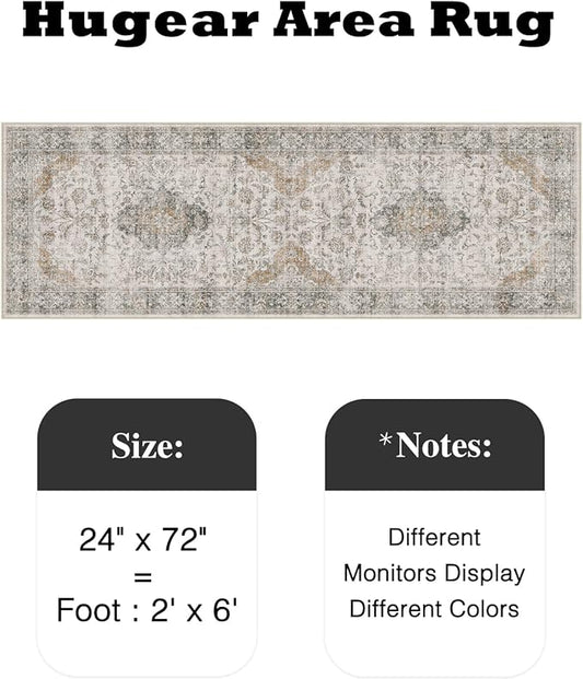 HUGEAR 2x6 Runner Rug Hallway Machine Washable Retro Taupe Green Vintage Floral Low Pile Carpet Distressed Long Throw Rug Bedroom Office Bathroom Kitchen Laundry Non Slip Soft Lightweight