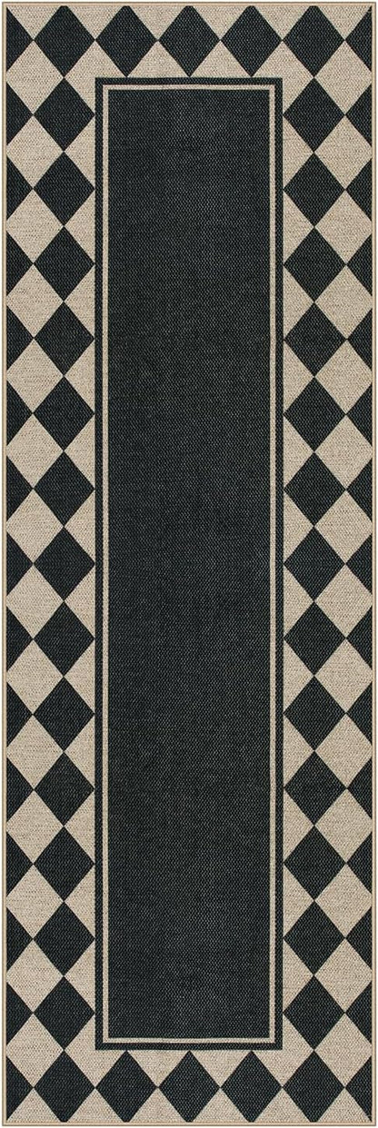 Moynesa Easy Jute Hallways Runner Rugs Washable 2x6 Entryway Rug Runners for Kitchen Black Checkered Indoor Outdoor Carpet for Entryway Patio, Diamond Grid Mat for Bathroom Bedroom Laundry