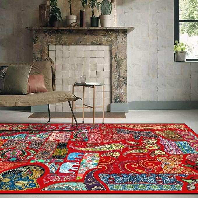 Vintage Boho Area Rugs Multicolor Ethnic Style Geometric Splicing Carpets Bedroom Living Room Kitchen Floor Mats Indoor Outdoor Non-Shedding Runner Rug Home Décor Carpet 4.5' X 6.5'