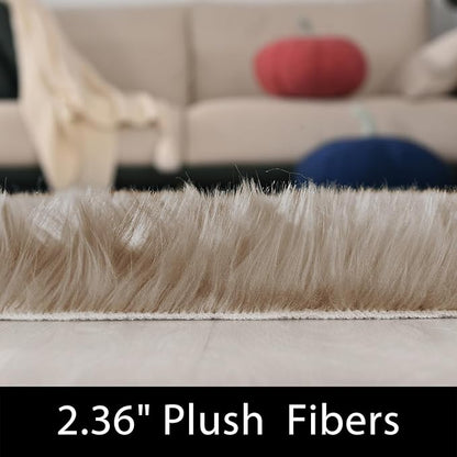 Latepis Round Fur Light Brown Beige Circle Rug 4ft Furry Washable Faux Sheepskin Rug Shag Plush Soft Rugs for Living Room Bedroom Dorm Floor Rugs Home Decor