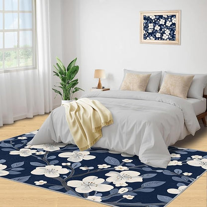 Boho Rugs for Bedroom - 5x7 Area Rug - Blue White Flowers Rugs for Living Room, Vintage Modern Flowers Rug, Washable Home Decor Carpet