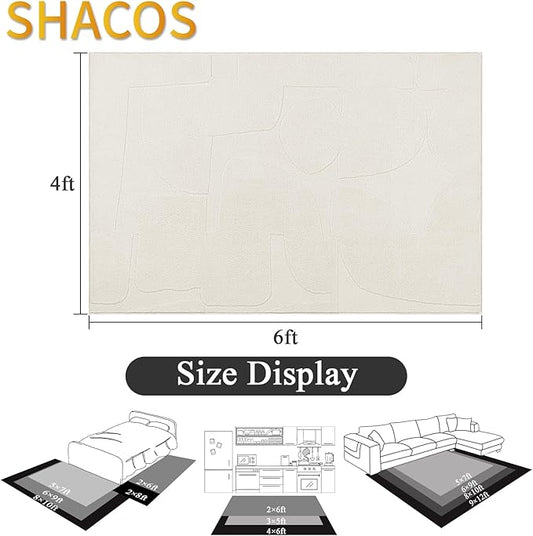SHACOS Soft Cozy Fluffy Abstract Geometric High Low Pile Area Rugs 4'x6' Non Slip Washable Scandinavian Minimalist Rug Modern Carpet for Living Room Bedroom Dining Room, Cream