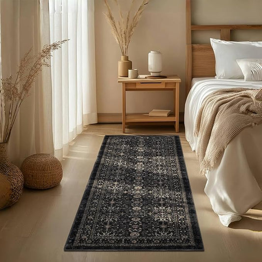 Area Rug Non Slip Machine Washable Ultra Soft Living Room/Bedroom/Kitchen/Outdoor/Classroom Black Grey, 2'×6'