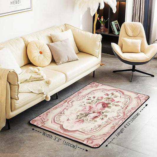 French Country Floral 3x5 Area Rug Pink Rose Rugs for Living Room | Romantic Flowers Washable Rug, Rustic Carpet Indoor Floor Mat