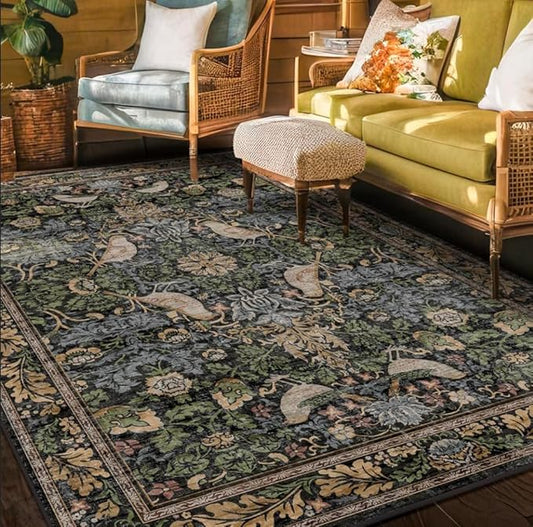 Vintage Floral Area Rug 5x7 for Living Room - Dark Green Forest Bird Rugs for Bedroom, Dinning Room, Office, Non Slip Stain Resistant Low Pile