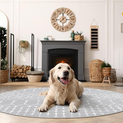 Lahome Moroccan Round Rugs 6Ft Washable Circle Area Rug for Living Room Grey Non-Slip Stain Resistant Dining Room Rug Large Circle Rug, Modern Geometric Print Indoor Round for Bedroom Entryway