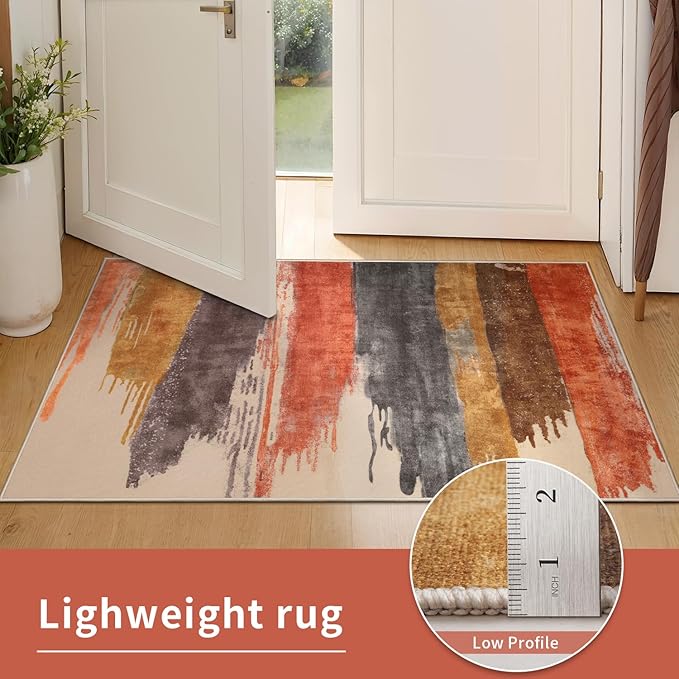 Ciicool Modern Abstract Area Rug 2x3 Washable Small Entryway Rug, Non-Slip Low Pile Throw Rugs, Foldable Kitchen Bathroom Rugs, Red Yellow Grey Floor Carpet for Entrance Bedroom Indoor Doormat
