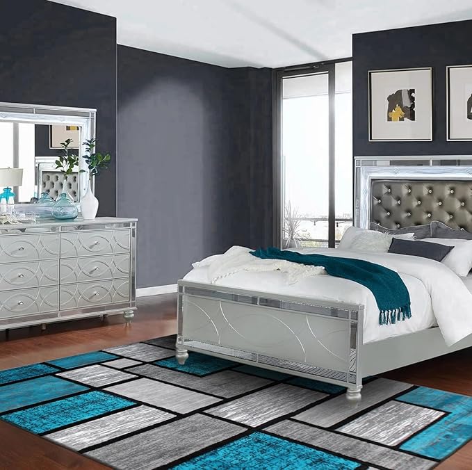 Luna 3995 Geometric Area Rug - Modern Abstract Design, Soft Living Room Carpet - Turquoise & Gray, [Size]