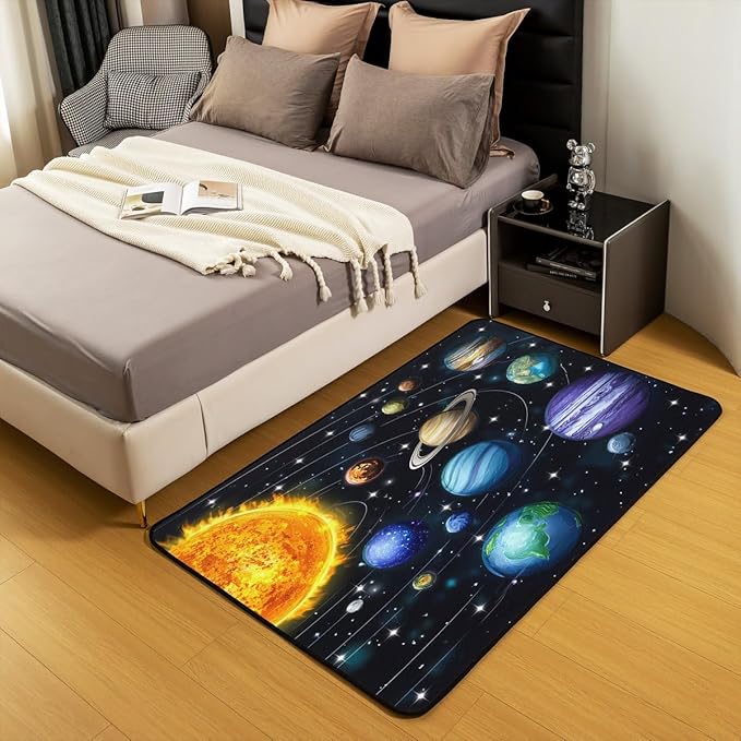 Planet Large Area Rug 5x7 Solar System Outer Space Living Room Rug | Universe Galaxy Rugs for Bedroom, Cosmic Earth Star Carpet Indoor Floor Mat