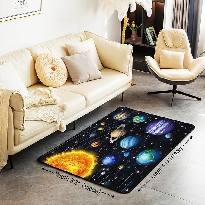Planet 3 x 5 Area Rug Solar System Outer Space Rugs for Living Room | Universe Galaxy Washable Rug, Cosmic Earth Star Carpet Indoor Floor Mat
