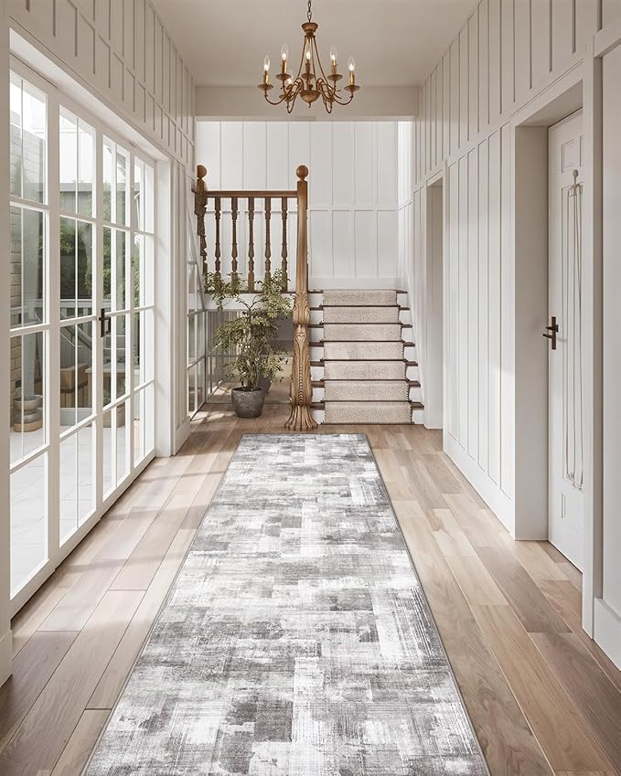 LUMI Washable Runner Rug, 3'x8' Non-Slip Hallway Mat, Low Profile Thin Long Carpeet for Laundry Kitchen Bedroom Office, Grey