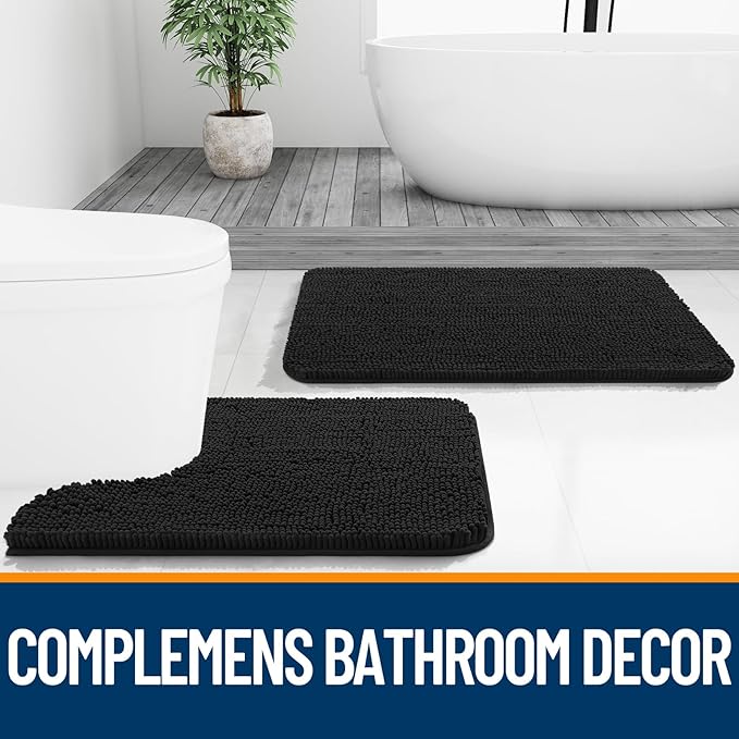 OLANLY Bathroom Rugs 47x24, Extra Soft Absorbent Chenille Bath Rugs, Rubber Backing Quick Dry, Machine Washable Bath Mats for Bathroom Floor, Tub and Shower, Home Decor Accessories, Black