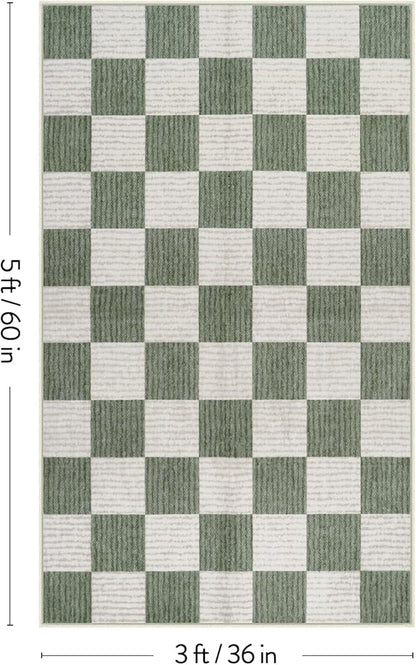 LIVEBOX 3x5 Washable Area Rug Checkered, Non-Slip Small Entryway Rug Green Farmhouse Neutral Classic Geometric Boys Rug for Bedroom Room Low-Pile Carpet for Indoor Kitchen Bathroom(Sage Green 3'x5')