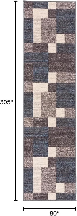 Rugshop Geometric Modern Boxes Design Non-Slip (Non-Skid) Carpet for Hallway,Kitchen,Entryway Runner Rug 2'7" x 10' Blue